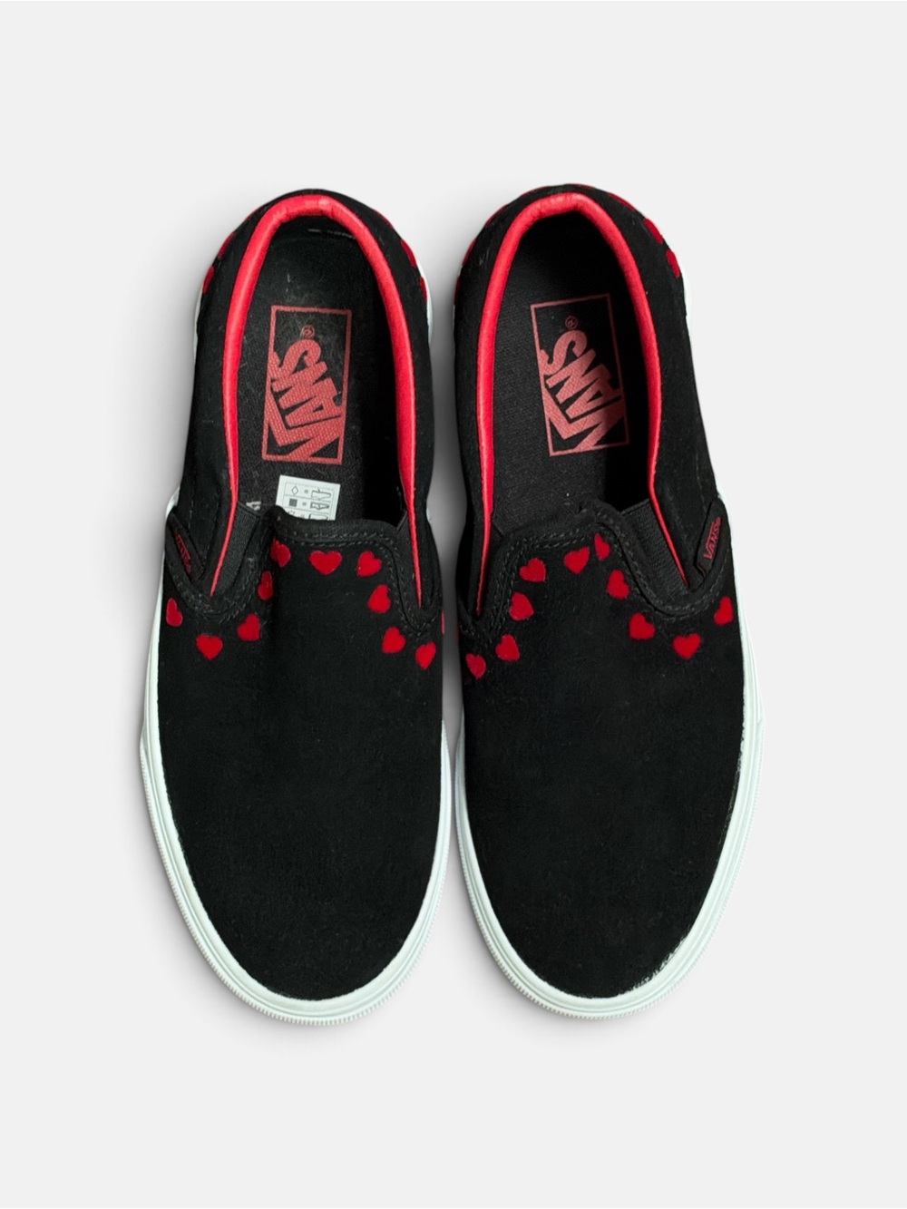 Women’s Vans Black Slip-On Loafers with Red Heart Trim